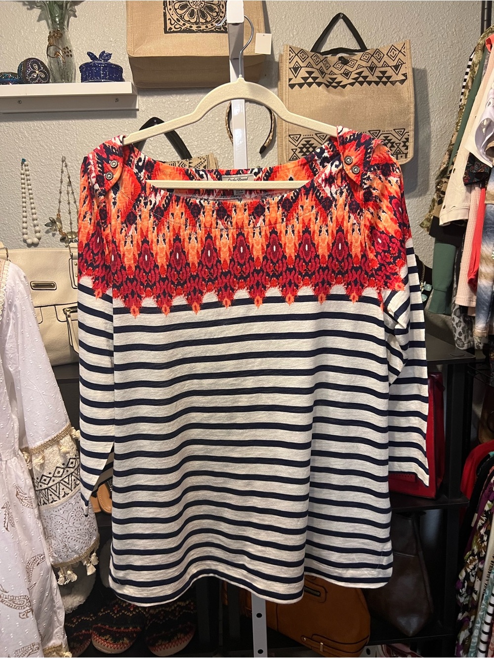 Lucky Brand Orange, Red & Navy Ikat Print Top